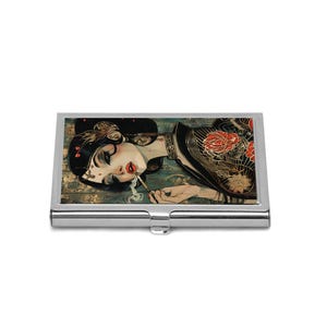 Porte-cartes de visite Art déco pour femme asiatique, porte-cartes de crédit femme qui fume, accessoire de conception de geisha asiatique vintage, cadeau d'art élégant pour elle
