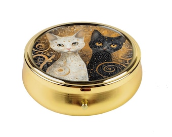 Vintage Gustav Klimt Style Cat Pill Box, Black and White Cats Design Pillboxes, Compact Metal Case for Pills or Jewelry,  Gift for Her