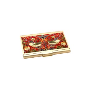 Red Strawberry Thief Gold Business Card Holder, William Morris Floral Card Case, Elegant Slim Wallet, Vintage Bird Organizer Gift