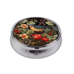 Art Nouveau Pill Box Flowers Bird Design, Vintage Style Medicine Case, Floral Pill Container, Pocket Pill Holder, Unique Gift for Her