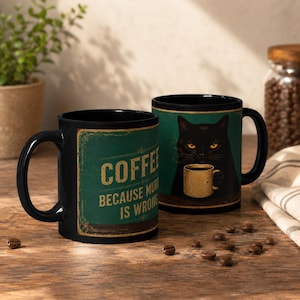 Puede incluir: Dos tazas de cerámica negra con un gráfico rectangular verde azulado. Una taza muestra el texto COFFEE BECAUSE MURDER IS WRONG en letras doradas. La otra taza muestra un gato negro con ojos amarillos sosteniendo una pequeña taza de café beige.