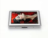 Smoking Asian Woman Cigarette Case Art Deco Gothic Stainless Steel Holder Red Rose Design Business Card Case Gift for Smokers and Collectors