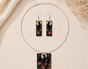 Black Cat Art Deco Jewelry Set, Vintage Gothic Red Peony Pendant Necklace and Earrings, Gift for Her