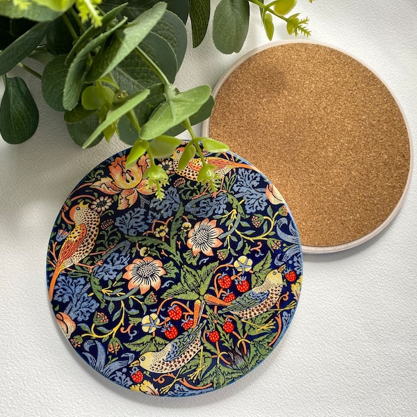 Strawberry Thief Coasters Set Art Nouveau Coasters William Morris Hot Drinks Wooden Coasters Vintage Floral Birds Coasters Gift Idea For Her