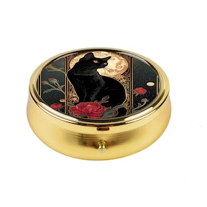 Mystical Black Cat Gothic Pill Box, Compact Round Metal Medicine Organizer, Cute Pocket Pill Container, Small Jewelry Box, Perfect Gift Idea