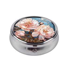 Peony Pill Box - Powder Pink Peonies Design, Vintage Floral Pill Container, Elegant Pocket Medicine Box, Unique Gift Idea for Her