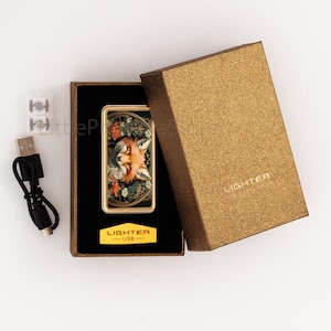 Cute Fox & Flowers Electric Rechargeable Lighter, Vintage Art Nouveau Style Floral Ornament, Golden Silver Metal Lighter, Gift Idea For Her