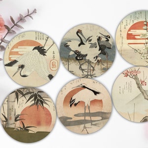 Onderzetters Set van 6 Vintage Japanse kunst vierkante ronde keramische onderzetters kranen Japanse vogels rijzende zon Sakura kurk onderzetters cadeau idee afbeelding 4