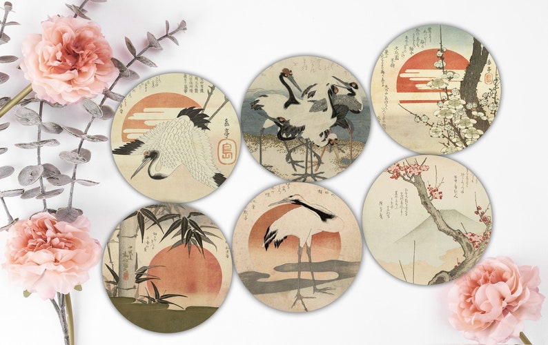 Onderzetters Set van 6 Vintage Japanse kunst vierkante ronde keramische onderzetters kranen Japanse vogels rijzende zon Sakura kurk onderzetters cadeau idee afbeelding 4