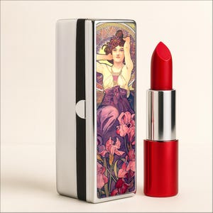 Amethyst Lipstick Case, Alphonse Mucha Art Nouveau Holder With Mirror, Vintage Makeup Box Gift For Her, Precious Stones Series
