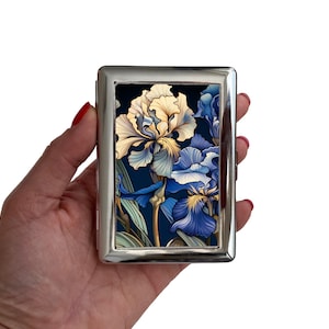 Portasigarette Irises, porta carte in metallo con motivo floreale blu artistico, elegante regalo per fumatori, accessorio compatto per donna