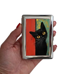 Étui à cigarettes chat noir, joli porte-cartes artistique en métal pour les amoureux des chats, cadeau compact pour fumeurs, accessoire fantaisiste pour chat