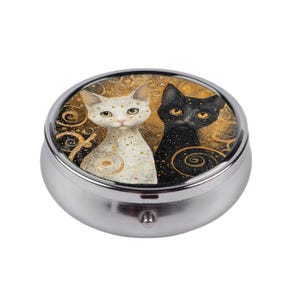 boîte à pilules vintage style Gustav Klimt pour chats, boîtes à pilules design chats noirs et blancs, étui en métal compact pour pilules ou bijoux, cadeau unique pour elle
