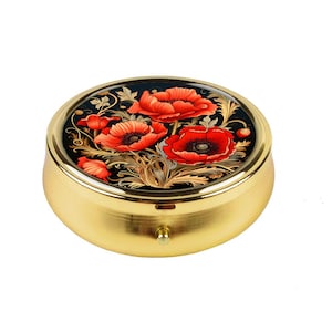 Roter Mohn Blumen Pillendose, Vintage Blumen Pillenetui, Eleganter Reisepillenhalter, Botanische Kunst Kompakt, Geschenk für Frauen, Geldbörse Zubehör