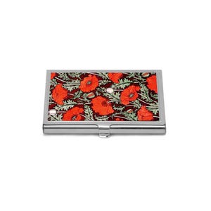 Porta-cartões de visita Red Poppies, porta-cartões Floral Art Nouveau, porta-cartões de crédito vintage, acessório de escritório elegante, presente exclusivo para ela