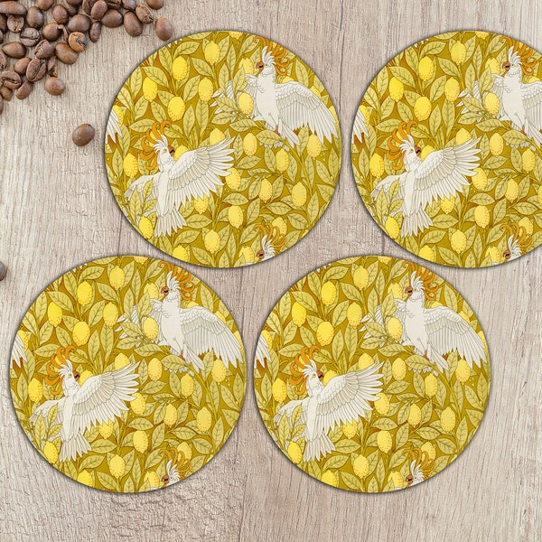 Kakadu And Lemons Coasters Art Nouveau Birds Coasters Vintage Animals Fruits Hot Drinks Wooden Coasters White Parrots Coasters Gift For Her