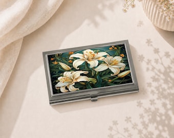 Visitekaarthouder met witte lelie in art nouveau-stijl, metalen kaarthouder met bloemenmotief, botanisch accessoire, cadeau voor haar.