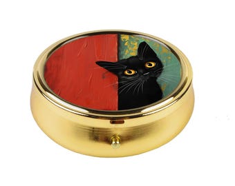 Black Cat Gothic Pill Box Feline Design Compact Vintage Organizer Cat Lover Gift