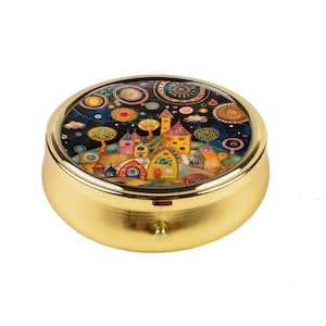 Colorful Fantasy Village Pill Box Whimsical Fairy Tale Art Compact Organizer Dreamy Travel Pill Case Unique Artistic Gift for Women or Girls
