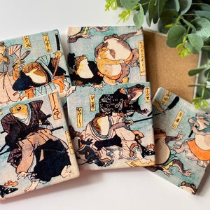 Samurai-kikkers onderzetters - grappige vintage Japanse Battle Art keramische onderzetters - unieke kikkerdrank dikke kartonnen onderzetters, cadeauset voor hem