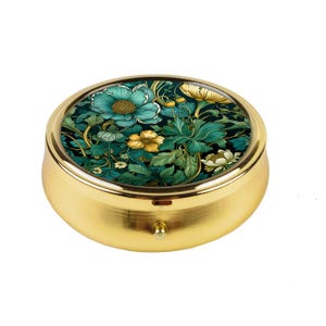 Floral Pill Box Green Art Nouveau Organizer Emerald William Morris Style Vintage Botanical Compact Case Elegant Gift for Woman or Traveler