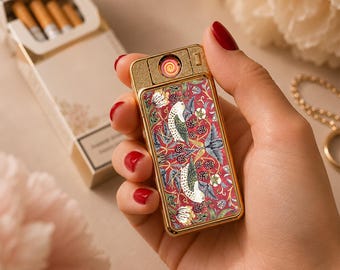 Strawberry Thief Red Electric Rechargeable Lighter, Vintage Art Nouveau Birds Floral William Morris Metal Lighter For Her
