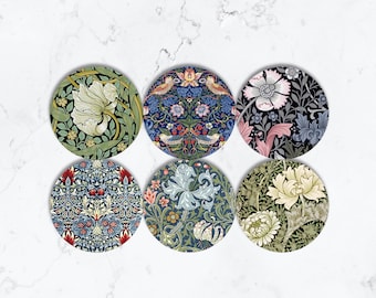 Set di 6 sottobicchieri William Morris in ceramica, quadrati e rotondi, in sughero, con decorazione floreale in stile Art Nouveau, decorazione per la casa, stile vintage, regalo per lei