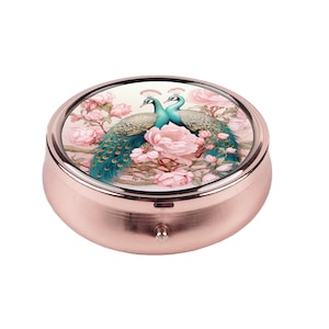Peacock Pill Box Jewelry Holder Vintage Floral Organizer Travel Pill Case with Pink Peonies Unique Gift for Women and Nature Lovers