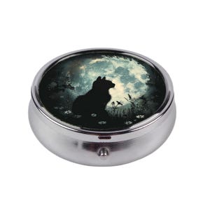 Portapillole gotico gatto nero mistico, organizer compatto per medicinali in metallo rotondo, grazioso contenitore tascabile per pillole, piccolo portagioie, idea regalo perfetta