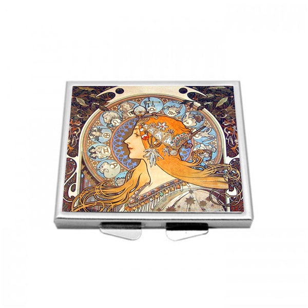 Espejo de bolsillo Zodiac Espejo compacto Alphonse Mucha Art Nouveau Mujer Espejo cosmético Zodiac Print Espejo de maquillaje Idea de regalo para ella