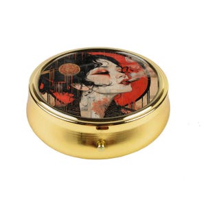 Portapillole giapponese Art Déco, donna che fuma, organizer da viaggio compatto in stile vintage, piccolo portagioie, regalo per lei, accessorio elegante