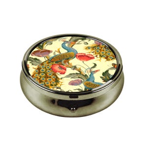 Peacocks and Poppies Pill Box Compact Floral Travel Organizer Vintage Bird Flower Case Pocket Jewelry Storage Gift for Her Art Lover