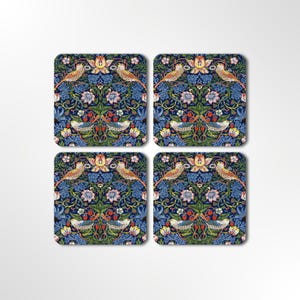 William Morris Untersetzer blau Erdbeerdieb Vogel Design runde quadratische Keramik Untersetzer Vintage Floral Küche Dekor Einweihungsparty Geschenkidee