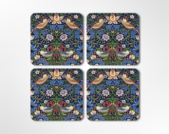 Sottobicchieri William Morris, motivo: uccello ladro, blu, rotondi e quadrati, in ceramica, stile vintage, floreale, per la cucina, idea regalo per inaugurazione della casa.