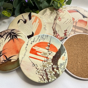 Coasters Set Of 6 Vintage Japanese Art Square Round Ceramic Coasters Cranes Japanese Birds Rising Sun Sakura Cork Coasters Gift Idea