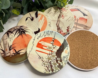 Set di 6 sottobicchieri artistici giapponesi – Design Gru, Sakura, Sole nascente – Ceramica con supporto in sughero, regalo unico per gli amanti del tè e per l&#39;arredamento della casa