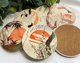 Coasters Set Of 6 Vintage Japanese Art Square Round Ceramic Coasters Cranes Japanese Birds Rising Sun Sakura Cork Coasters Gift Idea