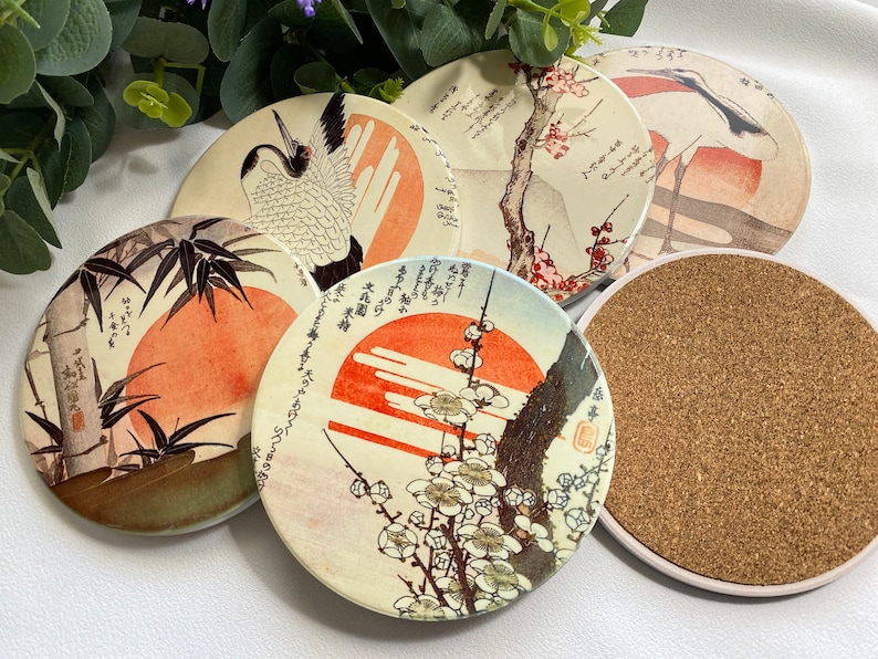 Onderzetters Set van 6 Vintage Japanse kunst vierkante ronde keramische onderzetters kranen Japanse vogels rijzende zon Sakura kurk onderzetters cadeau idee Ceramics