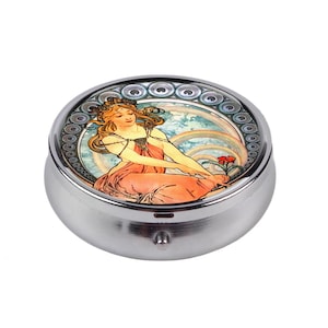 Portapillole Art Nouveau Donna - Design Vintage Alphonse Mucha - Contenitore Tascabile per Medicinali - Grazioso Portagioielli