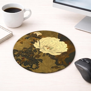 Tapis de souris pivoine blanche, accessoire de bureau vintage japonais à motif floral, modèle rectangulaire ou rond