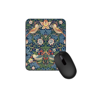 Erdbeerdieb Mauspad William Morris Art, Blaues Floral Vogel Mousepad für Frauen, Vintage Geschenk, niedliches Jugendstil Schreibtisch Dekor