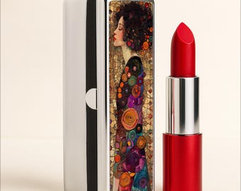 Porta rossetto in stile Art Nouveau con specchio, accessorio di bellezza compatto in metallo, stile Klimt, regalo elegante