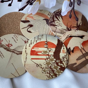 Onderzetters Set van 6 Vintage Japanse kunst vierkante ronde keramische onderzetters kranen Japanse vogels rijzende zon Sakura kurk onderzetters cadeau idee afbeelding 3