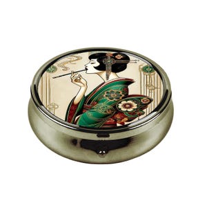 Portapillole Art Déco giapponese, organizer compatto vintage Geisha, elegante portapillole da donna fumatrice, piccolo portagioie, regalo unico per lei