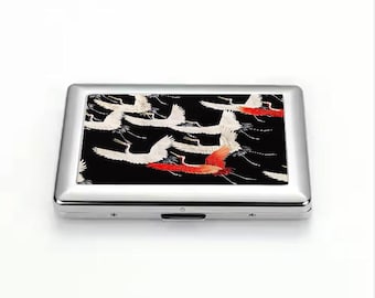 Japanese Crane Art Cigarette Case, Elegant Metal Card Holder, Traditional Japanese Motif, Red and White Cranes Design, Unique Gift for Her