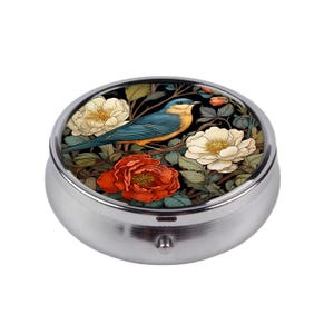 Floral Bird Pill Box Compact Peony Travel Medicine Organizer William Morris Style Art Nouveau Pocket Pill Case Vintage Style Jewelry Holder