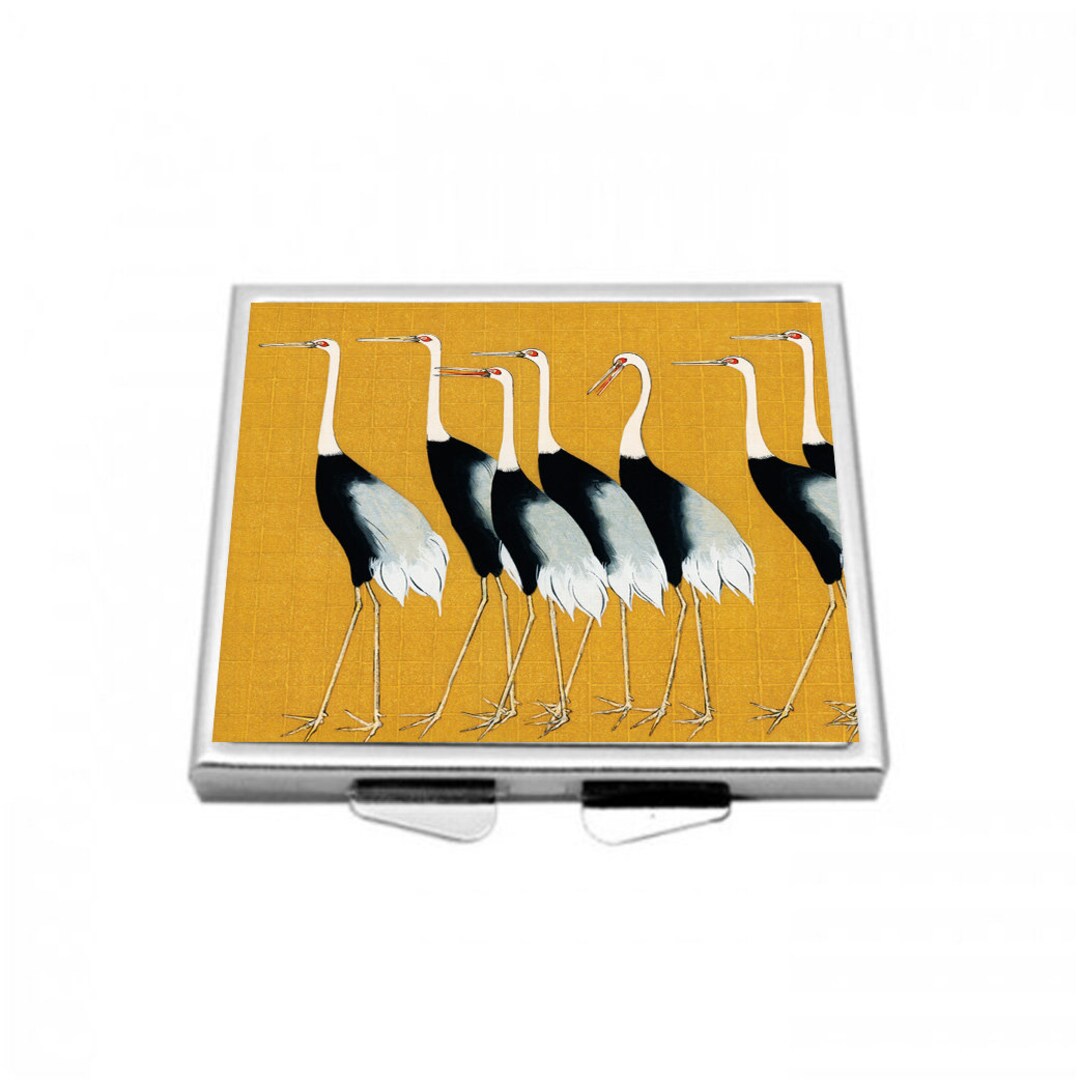 Cranes Square Pocket Mirror Japanese Cranes Compact Steel Mirror