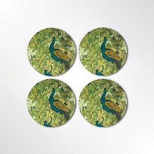 Conjunto de porta-copos de pavão, design vintage de pássaro Art Nouveau, porta-copos redondos, quadrados, verde-azulados, decoração de cozinha de cerâmica, ideia de presente para ela