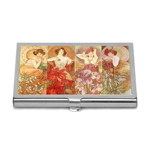 Alphonse Mucha Art Credit Card Holder, Precious Stones Business Card Holder, Art Nouveau Women Design, Elegancki pomysł na prezent, Floral Card Case