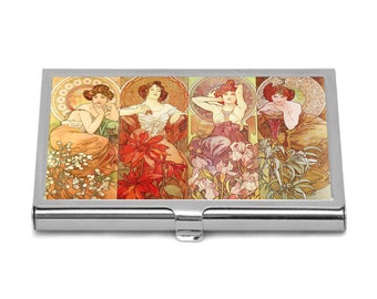 Precious Gems Titular de la tarjeta de crédito Alfons Mucha Art Titular de la tarjeta de visita Art Nouveau Mujeres Titular de la tarjeta de crédito Caja de la tarjeta de visita Idea de regalo